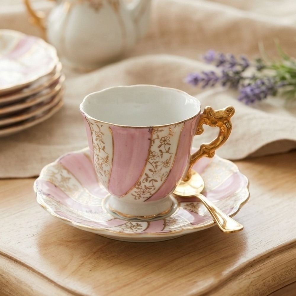 Vintage Made in Japan Pink Gold Floral Porcelain Demitasse Teacup and Saucer Set